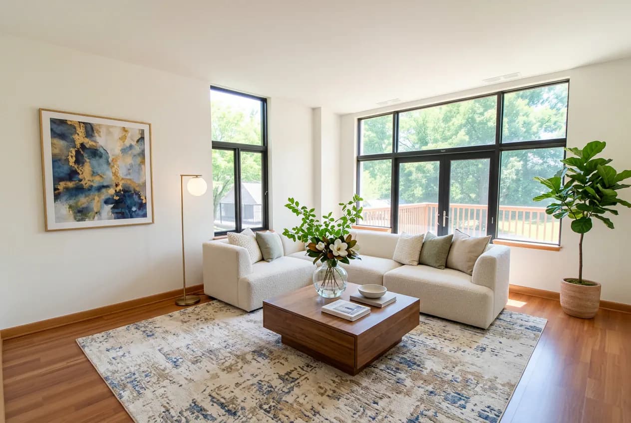 Same living room after virtual staging with modern furniture