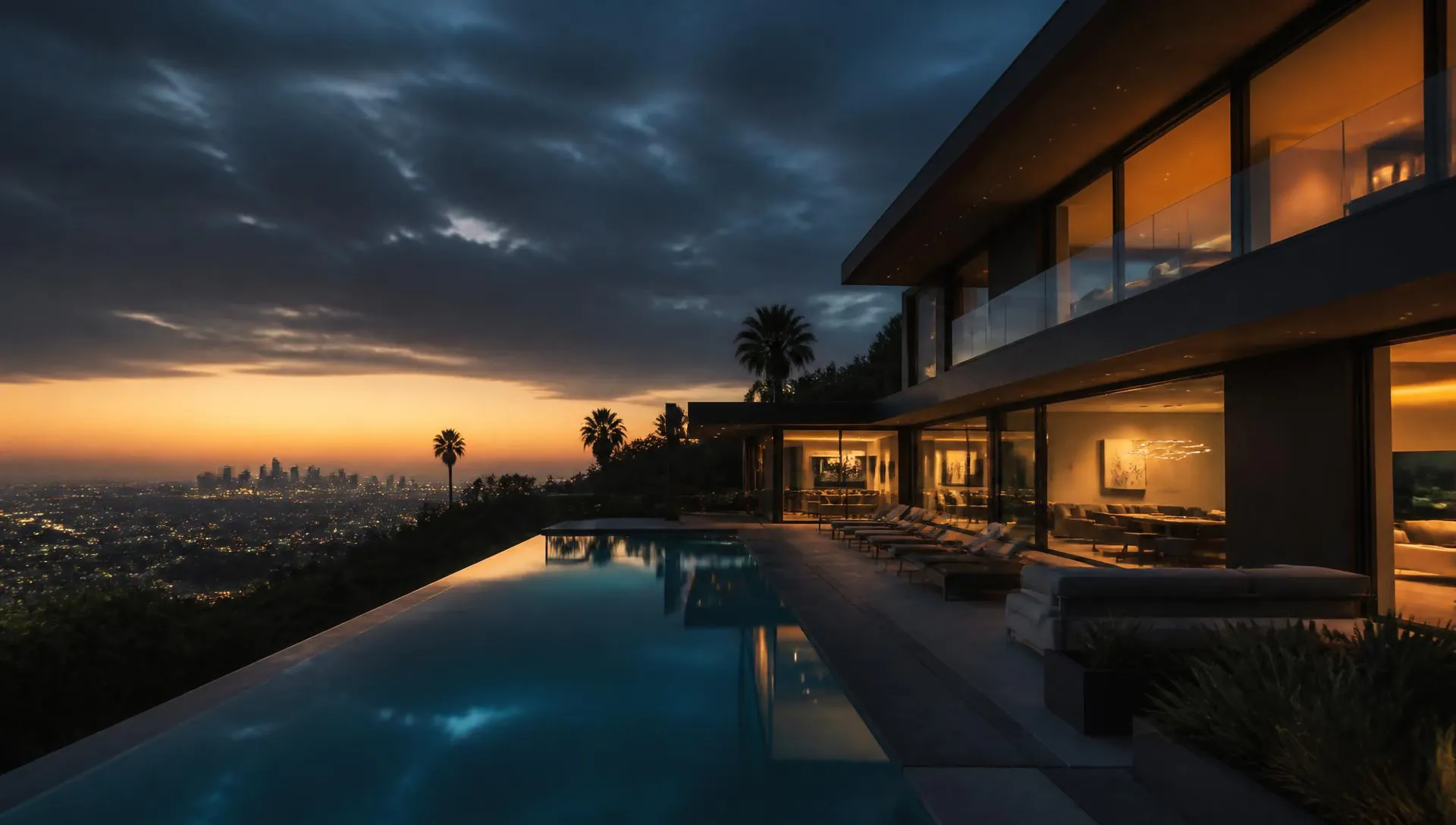 Luxury Los Angeles hillside residence photographed at dusk with city lights below