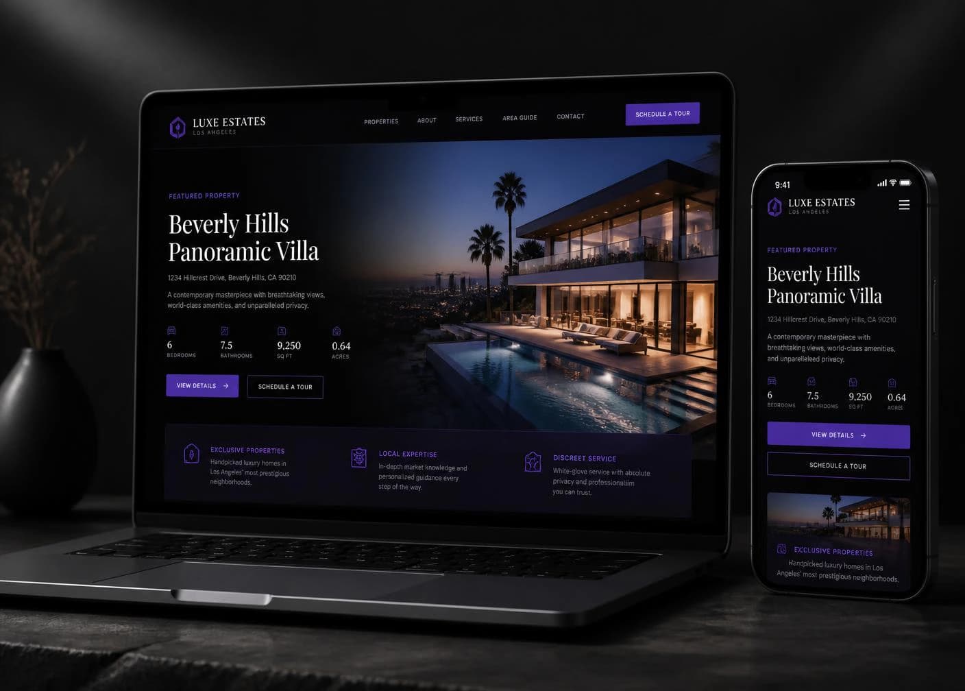 Single-property real estate web page shown on a laptop and phone