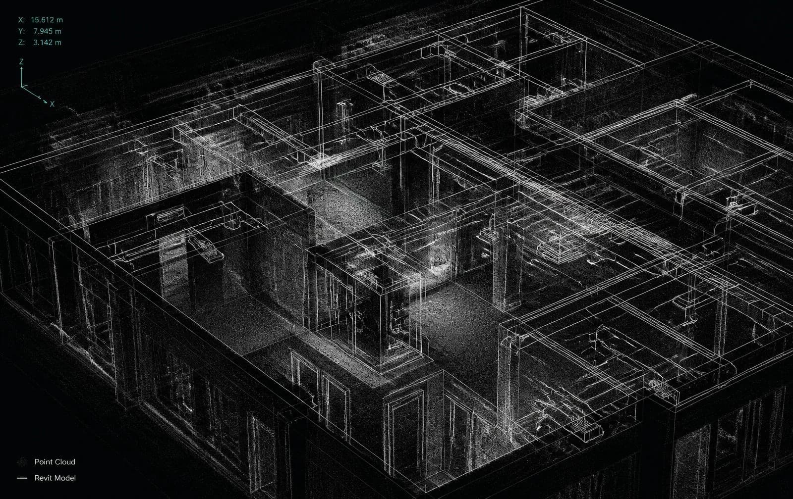 Registered laser scan point cloud overlaid with a Revit BIM wireframe model